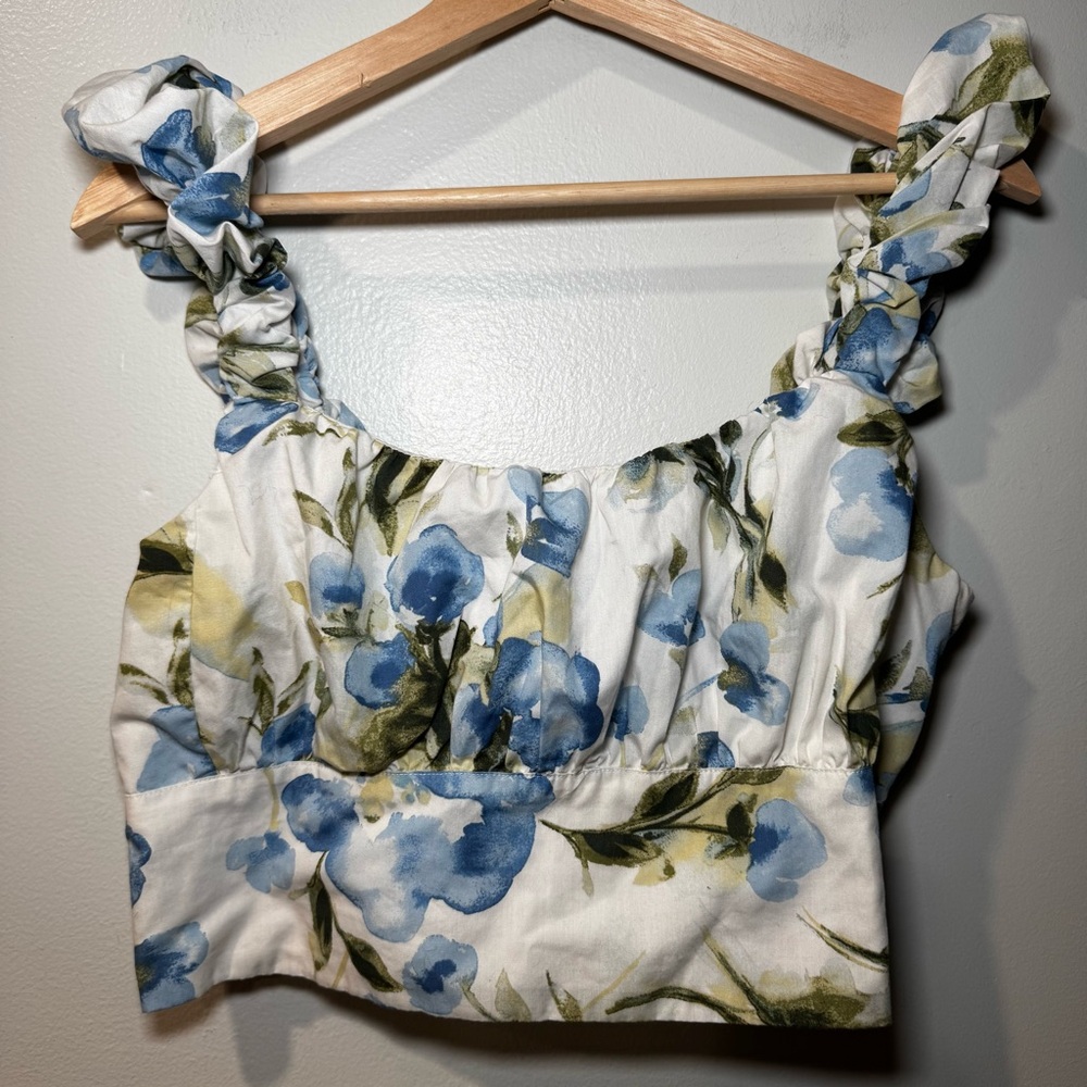 Abercrombie & Fitch Large‎ White Boho Floral Puff Sleeve Crop Poplin Top